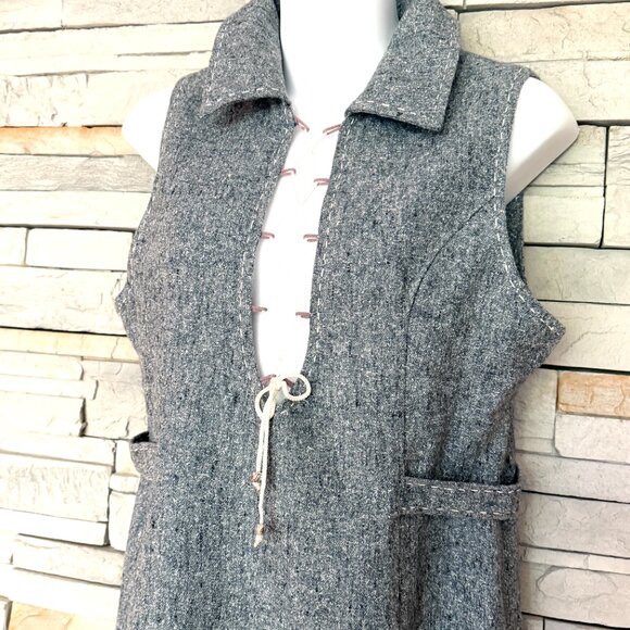 Grey Wool Midi Dress w/ White Lace-up Front Detail & a Back Slit Below the Knee - Picture 3 of 16